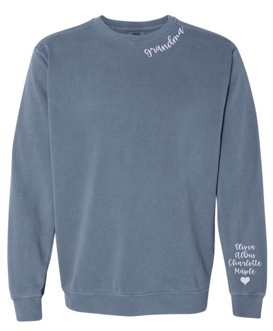 Curved Neckline Custom Sweatshirts w/ Sleeve Embroidery